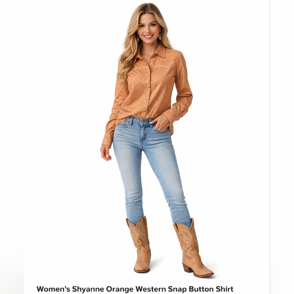 Shyanne Women's Western 100% cotton Shirt w/ snaps Long Sleeve, S, Peachy Orange